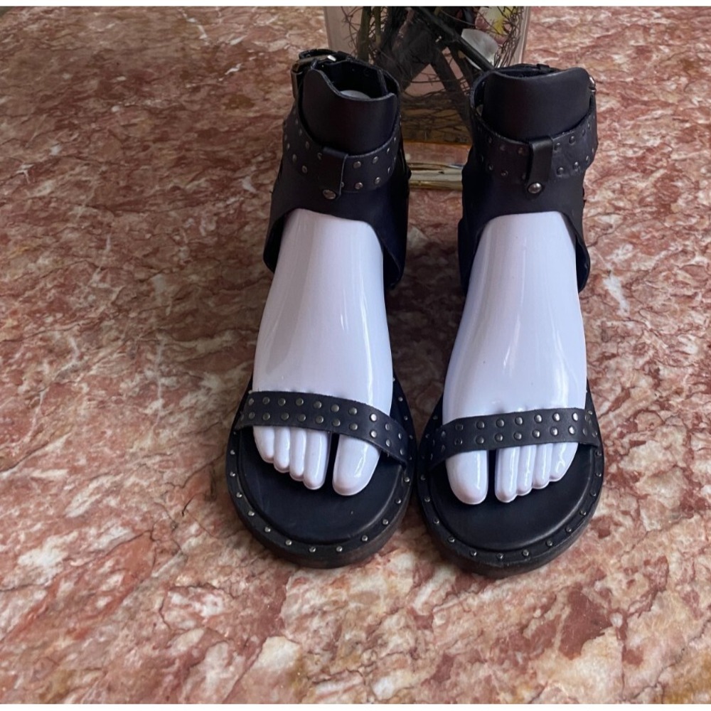 New Free People  Happiness Black Leather Heeled Sandal Sz 38/38.5 /US‎ 8.5M $158 - Picture 5 of 10